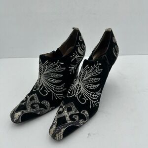 Womens Whimsigoth Black Embroidered Snakeskin Ankle Booties 6.5 Witchy Victorian